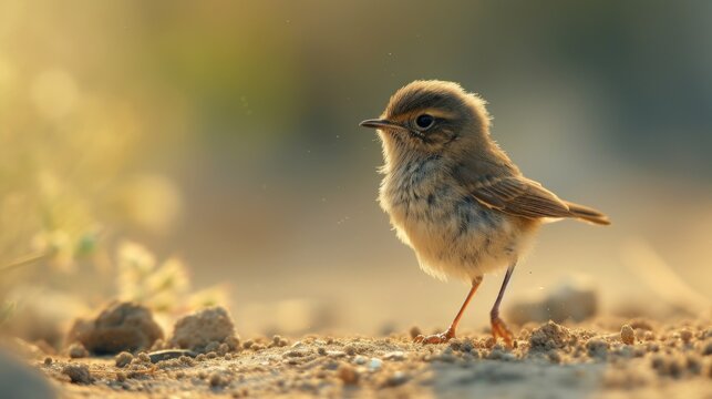 a small bird standing on top of a dirt ground next to a grass and dirt covered ground with a blurry background.