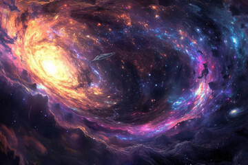 Obraz premium breathtaking view of a distant galaxy, swirling with vibrant colors and studded with countless stars. In the foreground