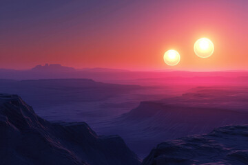 beautiful scene of an alien sunset, with two suns setting on the horizon.