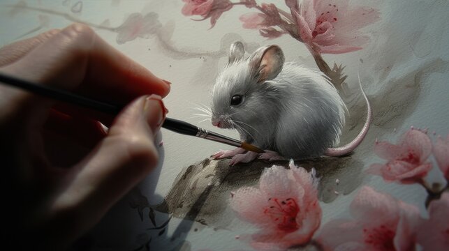 a person is drawing a picture of a rat on a wall with pink flowers and a hand holding a pencil.
