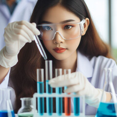 woman, whose gender cannot be specified for ethical reasons, working in a laboratory setting, conducting some form of experiment or test - obrazy, fototapety, plakaty