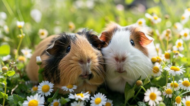 Guinea pig pair amidst a field of daisies, generative ai