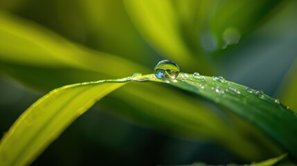 a drop of water sitting on top of a green leaf covered in drops of water on top of a green leaf.