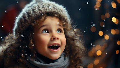 Smiling winter girl, cute and cheerful, enjoying the snow outdoors generated by AI