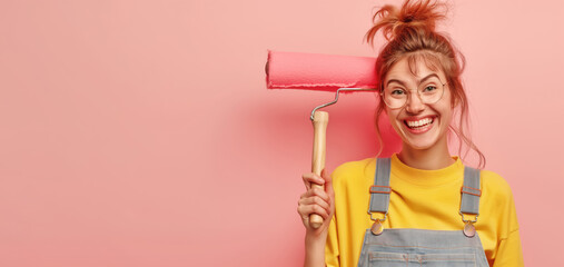 Young woman with painter roller, posing next to pink wall - empty copy space. Funny quirky face expression. Generative AI