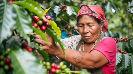 A Colobian woman picking coffee on a coffee plantation
