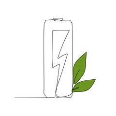 Battery with green leaves in continuous one line art style. Green energy concept. Simple vector illustration
