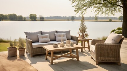 Imagine a beautifully composed photo of an outdoor sofa set against a picturesque background, Easter embellishments adding a festive touch. The realism is striking, evoking a serene ambiance.