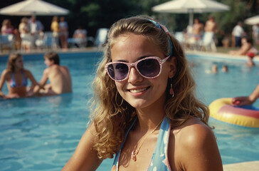 1980s style, portrait a young woman in the pool