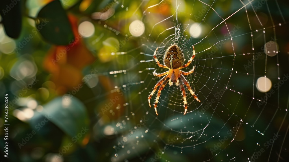 Poster a close up of a spider on it's web in the middle of a leafy area with trees in the background.