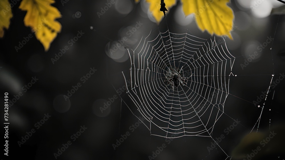 Poster a spider web in the middle of a tree with yellow leaves on the other side of the spider's web.