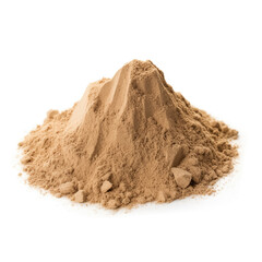 close up pile of finely dry organic fresh raw elecampane root powder isolated on white background. bright colored heaps of herbal, spice or seasoning recipes clipping path. selective focus