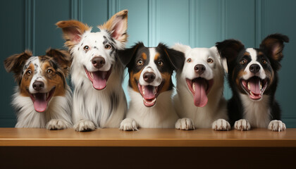 Cute pets sitting in a row, looking at camera, smiling generated by AI