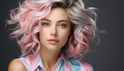 Fototapeta premium Beautiful blond woman with curly hair looking at camera, smiling generated by AI