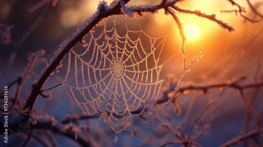 Poster a close up of a spider web on a tree branch with the sun setting in the distance in the background.