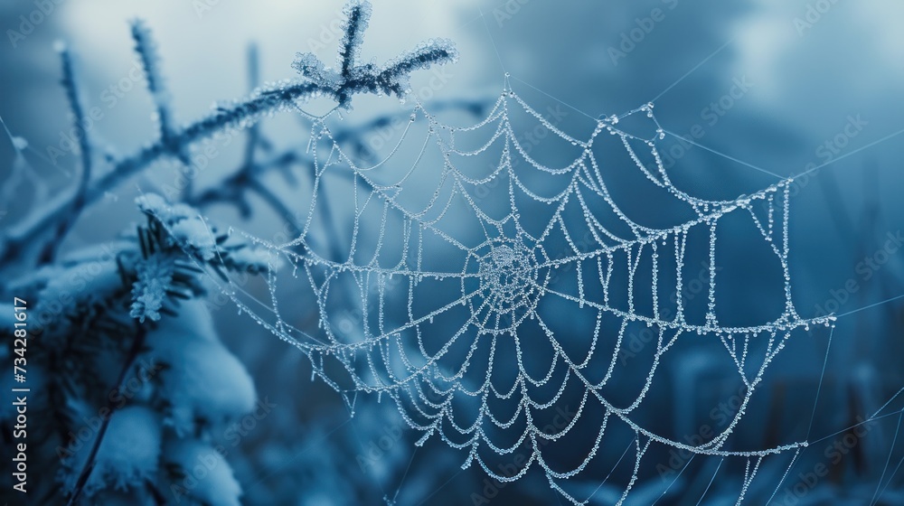 Poster a close up of a spider web on a tree branch with water droplets on the spiderwefe's web.