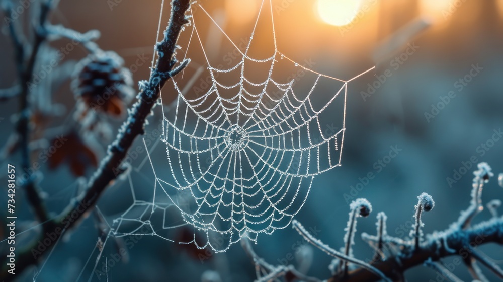 Poster a close up of a spider web on a tree branch in the winter with the sun shining in the background.
