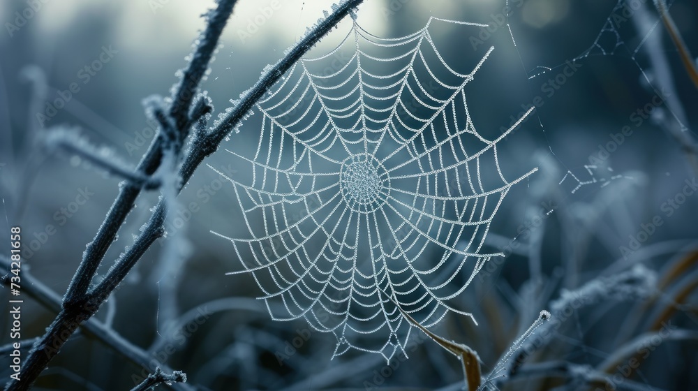 Poster a spider web sitting on top of a grass covered in drops of dew next to a leaf covered in drops of de
