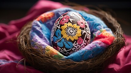 Imagine a close-up shot of an artistically designed Easter egg placed delicately in a nest and adorned with an intricate shawl.
