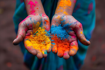 Painted hands smeared with bright colorful powder paint. Holi festival dahan concept.