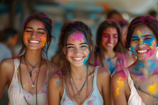 Young and happy hindu indian women smeared with bright colorful powder paint, celebrate holi festival dahan concept.