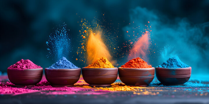 Colorful holi powder colors in a bowls with splash. Happy holi indian festival dahan banner concept with copy space.