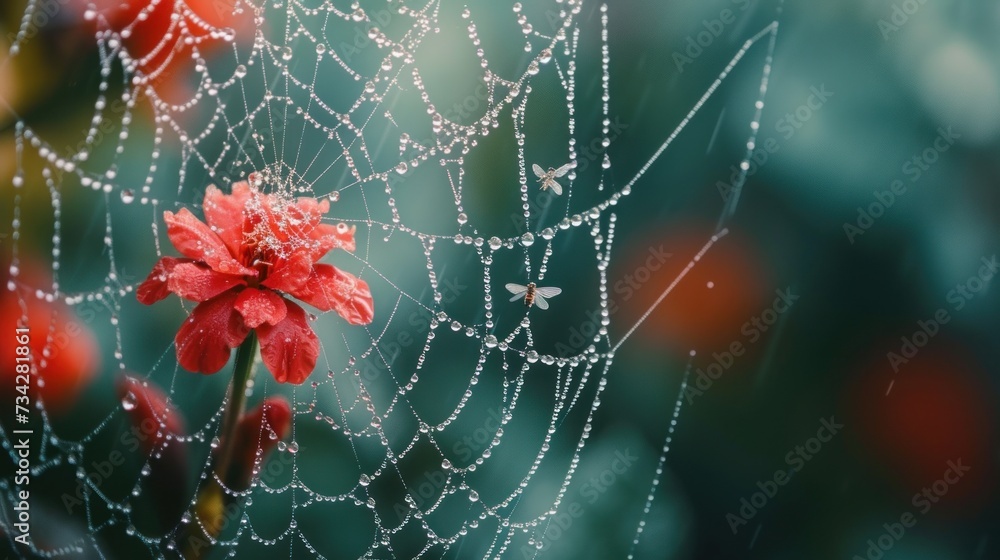 Aufkleber a spider web with water droplets on it and a red flower in the middle of the web with water droplets