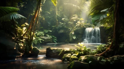 Stickers muraux Rivière forestière Imagine a hidden waterfall flowing gracefully through a dense, vibrant jungle, with sunlight filtering through the lush foliage and reflecting off the cascading water.