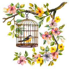 Painting of bird inside the cage with flowers 