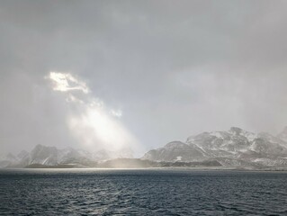Naklejka na ściany i meble Nordküste von Südgeorgien zwischen Sunset-Fjord und Sea-Leopard-Fjord bei stürmischem Wetter mit leichtem Schneetreiben und etwas Sonne