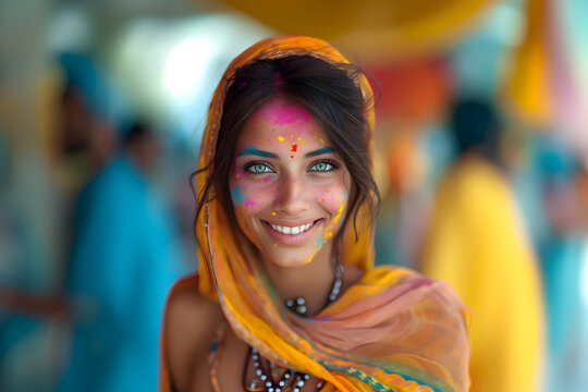 Young and happy hindu indian woman in national indian sari clothes celebrate holi festival dahan. Bright colorful powder paint background.