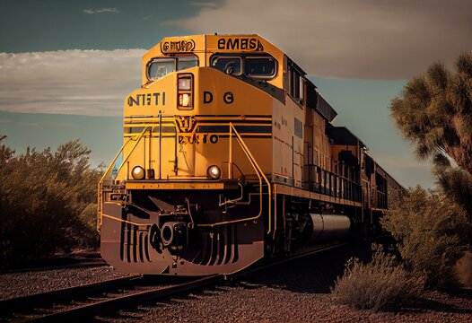 Union Pacific railroad freight train in Arizona. Generative AI