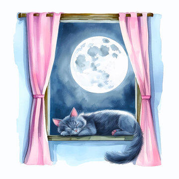 Painting of a cat sleeping in the window 