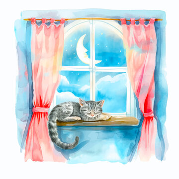 Painting of a cat sleeping in the window