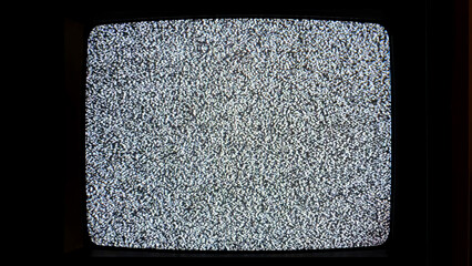 An old-fashioned television set emitting a screen full of black and white static noise, no signal, live interruption, simple abstract spooky scary horror background nobody, no people, end of broadcast
