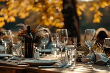 Faceless guests at table at autumn brunch.