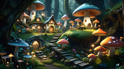 A fairy village built into the mushrooms - obrazy, fototapety, plakaty