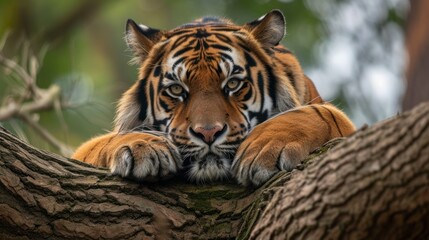 Obraz premium a close up of a tiger laying on a tree branch with its paws resting on the trunk of a tree.