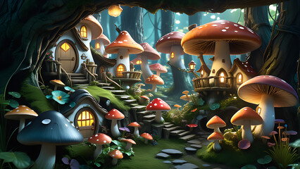 A fairy village built into the mushrooms