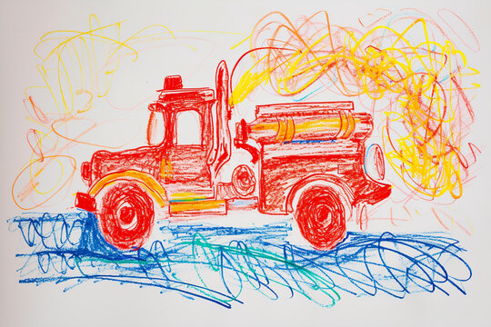 Red firetruck racing to put out a pretend fire 4 year old's simple scribble colorful juvenile crayon outline drawing