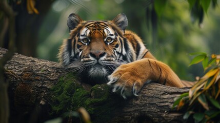 Fototapeta premium a close up of a tiger laying on a tree branch in front of a forest filled with trees and bushes.