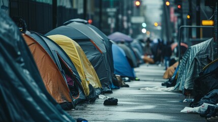 Homeless tent camp on a city street generative ai