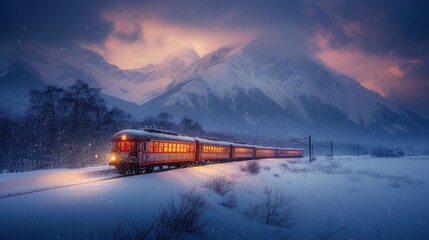 a red train traveling through a snow covered forest next to a snow covered mountain covered in a blanket of snow.