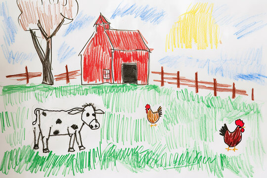 Farm scene with a cow, chicken, and a red barn 4 year old's simple scribble colorful juvenile crayon outline drawing