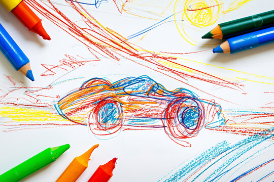 Racing car zooming around a track 4 year old's simple scribble colorful juvenile crayon outline drawing