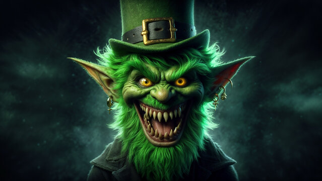 Un duende verde con sombrero y sonrisa terrorífica