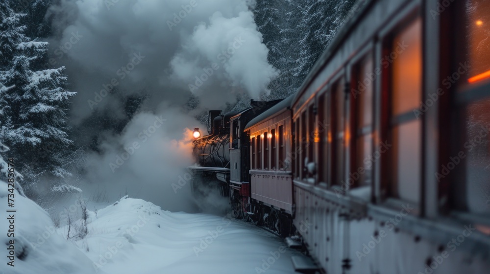 Poster a train traveling through a snow covered forest next to a forest filled with lots of trees and a lig