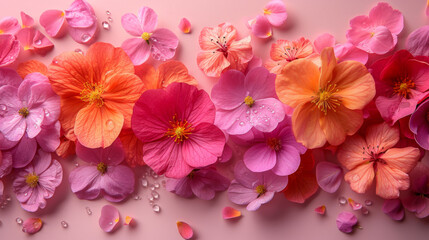 Artistic Composition, Mixed Petals and Flowers in Pink Shades, Dewy Freshness"