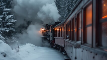 a train traveling through a snow covered forest next to a forest filled with lots of trees and a light at the end of the train.