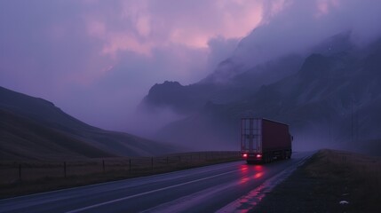 a semi truck driving down a road with a mountain in the backgrouund and a foggy sky in the backgrouund.